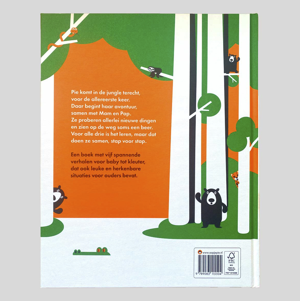 Anouk Schleiffert Flaptekst achter Aapje Pie Prentenboek Pie het avontuur begint, duurzaam, lokaal, contrastrijke illustraties en primaire en secundaire kleuren en interactief